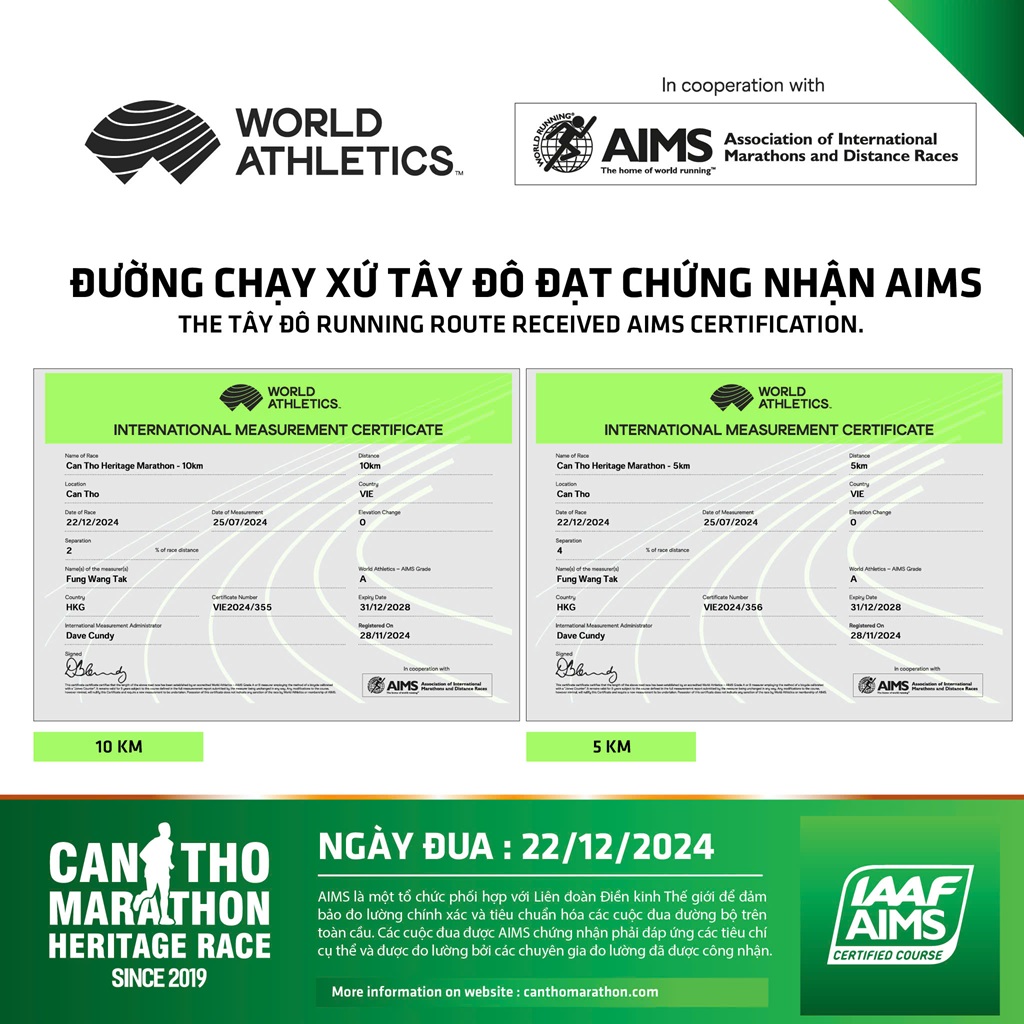 Marathon Quốc tế Di sản Cần Thơ: Đường chạy đạt chứng nhận AIMS tại xứ Tây Đô